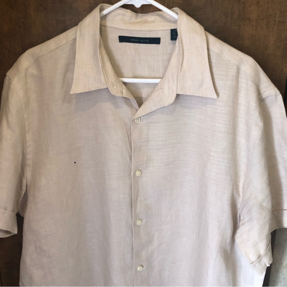 100% Linen Perry Ellis Casual Button Down Shirt in Lt Beige XL-A